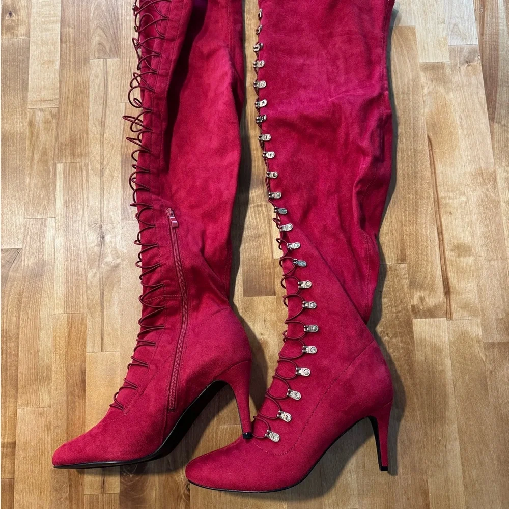 Wide Calf Trill  Boot by Journee Collection Red Over-the-Knee Lace-Up Boots
